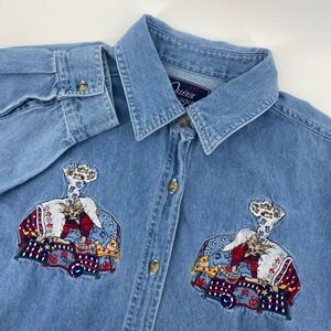 Quizz Again Denim Shirt Women Large Blue Cat Embroidered Button Down Vintage 90s